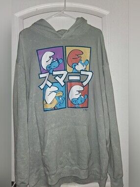 Gray Men's Pullover Hoodie with Color Block Smurfs Graphic 2Xl